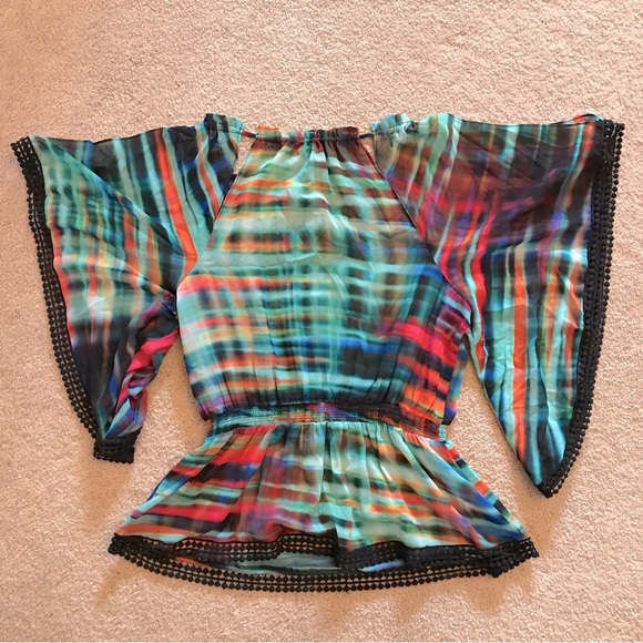 Bebe Semi Sheer Boho Peplum Blouse Size Small Wing Sleeve Pom Pom Trim Colorful - Picture 4 of 14